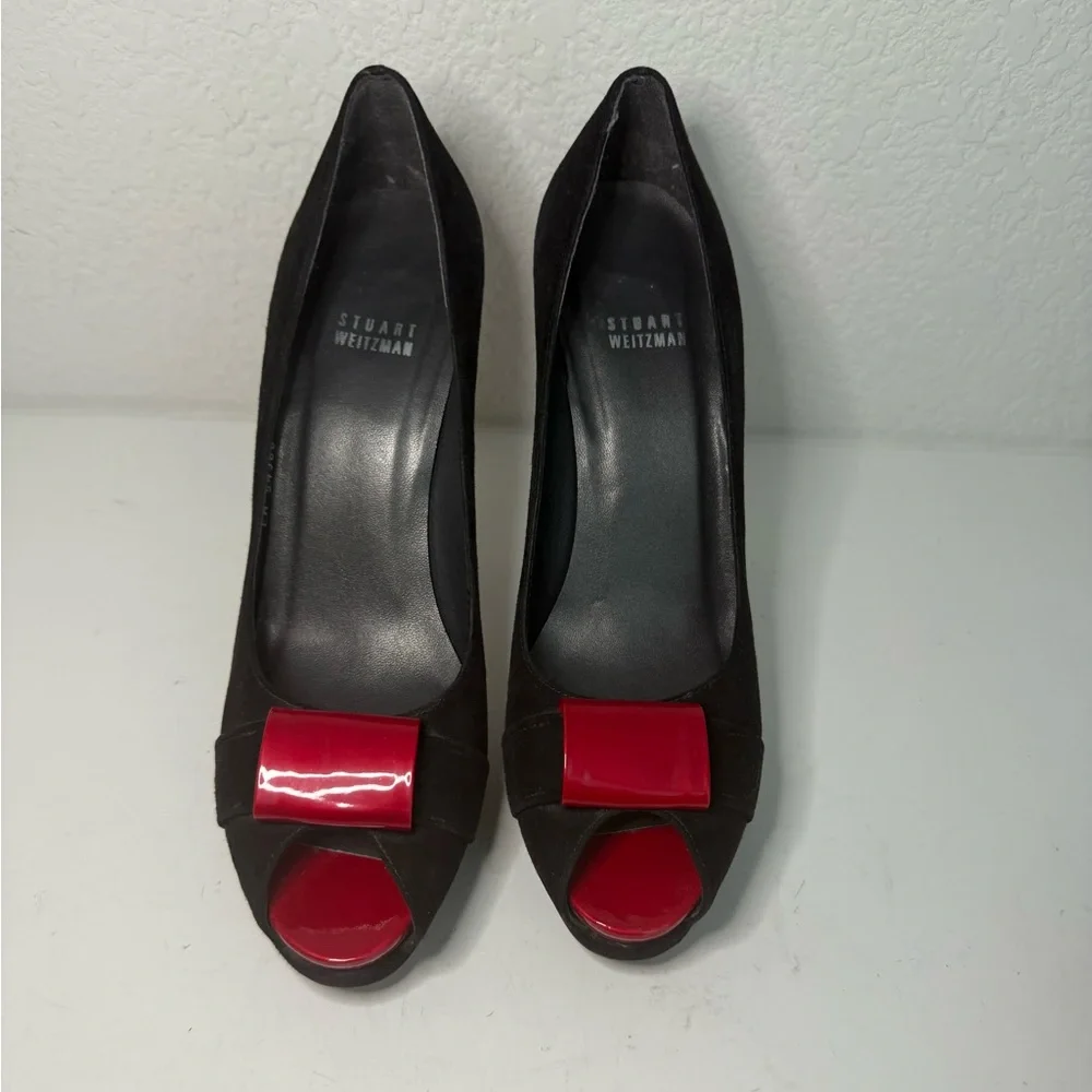 STUART WEITZMAN Puente Black Suede Red Leather Peep-Toe Platform Heels Size 9.5